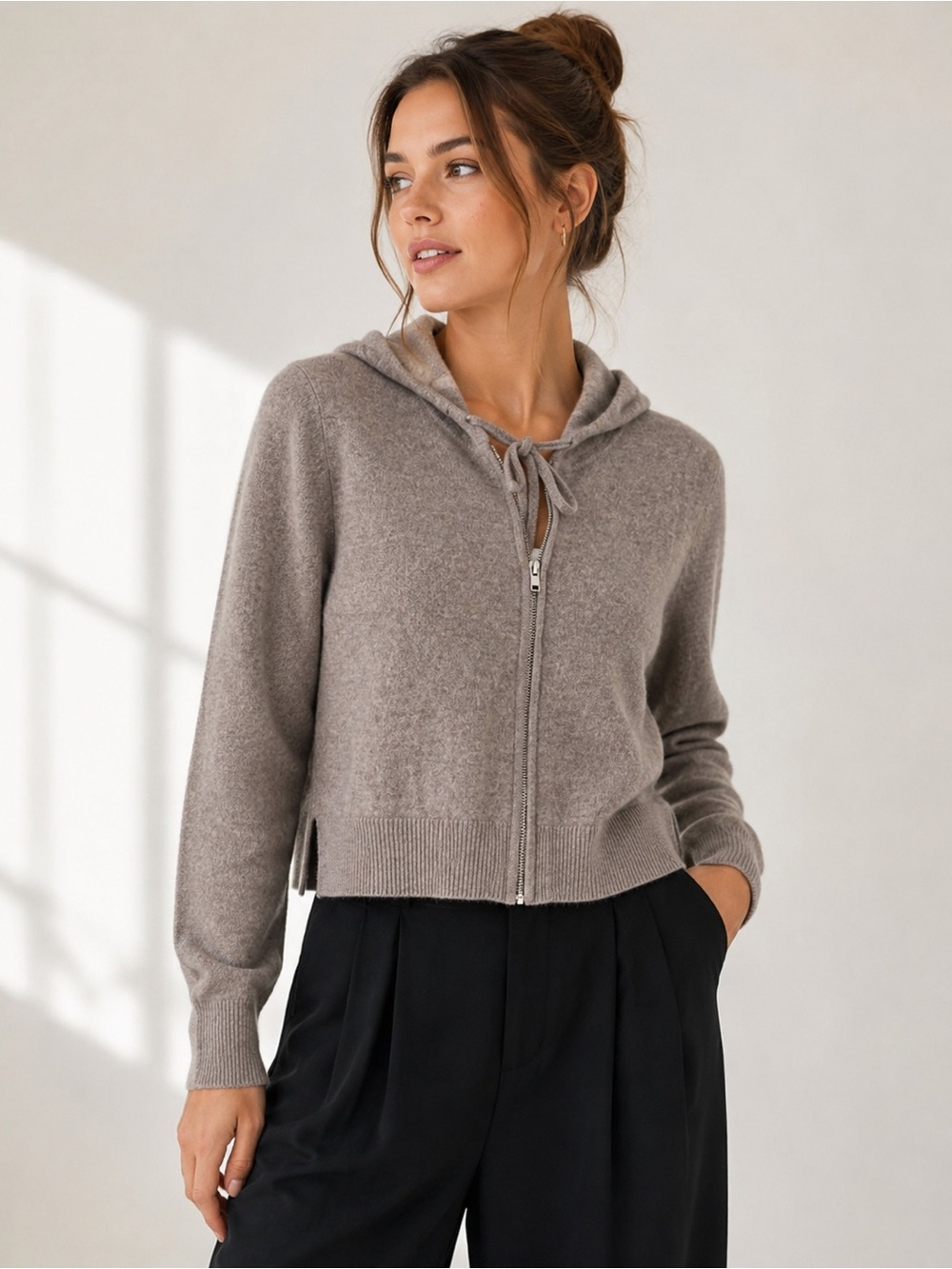 Naadam 100% Cashmere Zip Hoodie Sweater Oatmeal Taupe Sz Medium